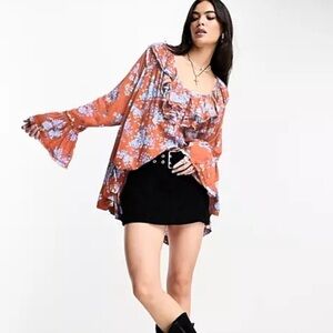 Free People NWT Loretta Orange and blue floral blouse Small